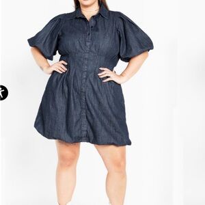 City Chic Dark Denim Ella Puff Sleeve Mini Dress Plus Size (NWT)